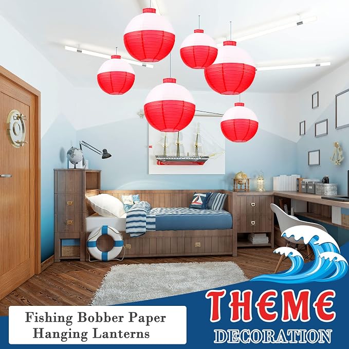 Set of 12 Fishing Bobber Round Paper Hanging Lanterns Fishing Birthday Decorations Hanging Paper Lanterns for Fishermen Theme Party Decoration Supplies, 12 Inches, 8 Inches (Red and White)