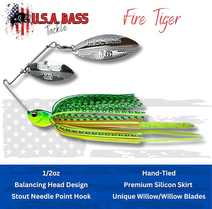 USA BASS Tackle Apache Attack Spinnerbait Type II Largemouth Smallmouth Spotted Bass Premium Fishing Bait Handtied Skirt Custom Blades Heavy Duty Hook New for 2025