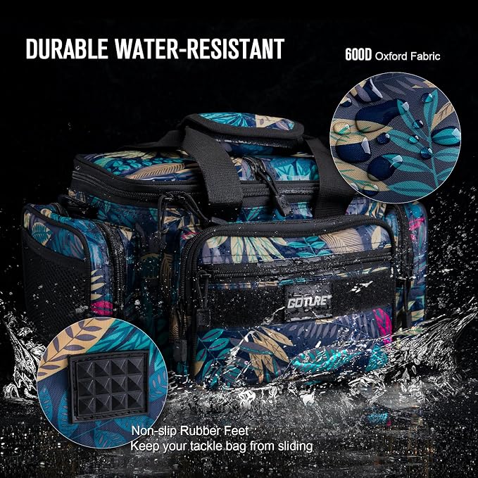 Goture Fishing Tackle Bag with 4 Tackle Boxes, Soft Side 600D Water-Resistant Cross Body Sling Fishing Bag, Small Saltwater Gear Storage Tactical Bags, Gifts for Men/Women (15.75"x9.45"x8.27")