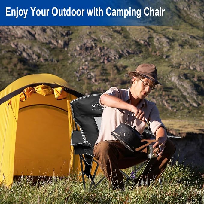 Outdoor Folding Camping Chair with Cup Holder, Storage Bag, Large Anti-Sink Feet, 400lbs Capacity, 2 Pack Breathable Mesh Portable Chair for Camping, Beach, Fishing, Sports, Black 2Pack