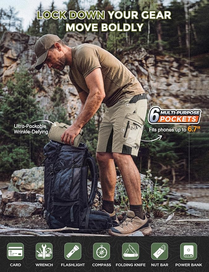 XKTTAC Men's Outdoor Quick Dry Lightweight Stretchy Shorts for Hiking, Tactical, Camping, Travel with 6 Pockets