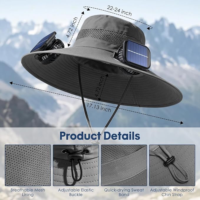Solar Fan Hat, UPF 50+ Wide Brim Sun Hat with 2 Fans, Solar & USB Rechargeable, 3 Speeds for Fishing/Camping/Hiking/Gardening