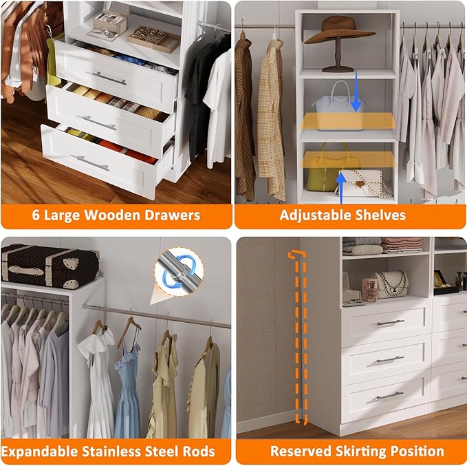8FT Modular Closet System with 6 Drawers, Walk-in Closet Organizer System with 8 Expandable Hanging Rods & Adjustable Shelving Towers, Heavy Duty Wood Closet Storage for Bedroom, White(4 sets)