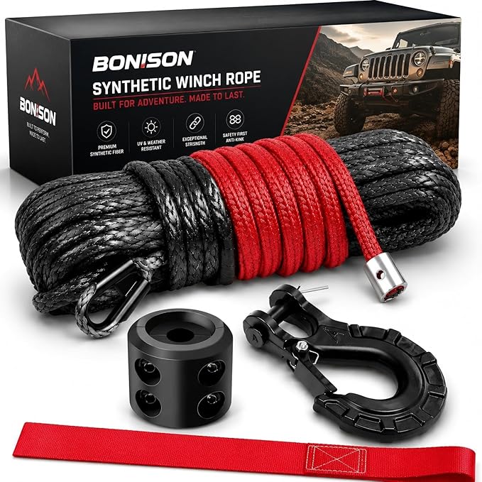Synthetic Winch Rope Kit - 1/4'' x 50' with 10,000 lbs Breaking Strength, Included Lightweight Winch Rope Winch Stopper and Winch Hook, Easy Installation, Replacement for ATV UTV Boat Truck Winches