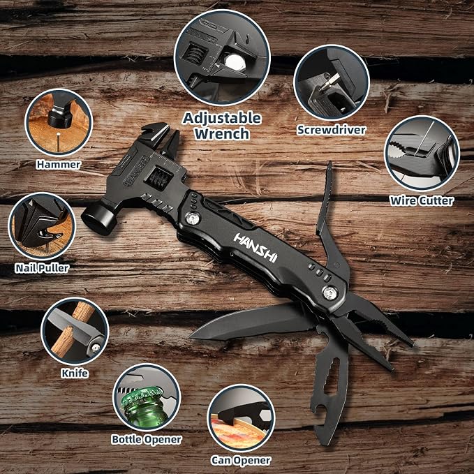 HANSHI Adjustable Wrench Multitool Hammer for Survival,16 in 1 Multitools Pliers with Nylon Sheath,Pocket Knife Multi Screwdriver Tool All in One Camping Accessories for Stocking Stuffers for Men