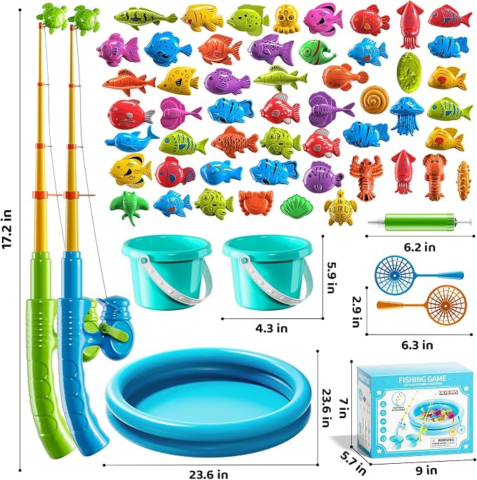 Magnetic Fishing Game Pool Toys for Kids 3 4 5 6 7 8, Water Table Bathtub Toys with Inflatable Pool, Bath Toys for Toddlers, Summer Outdoor Indoor Magnetic Fishing Toys Gifts for Boys Girls 3-5 4-8