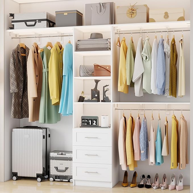 Closet System with Drawers, 5FT-8FT Closet Organizer System 96" Walk in Wood Closet Storage System with Shelves Hanging Rods Corner Wall Mount, White