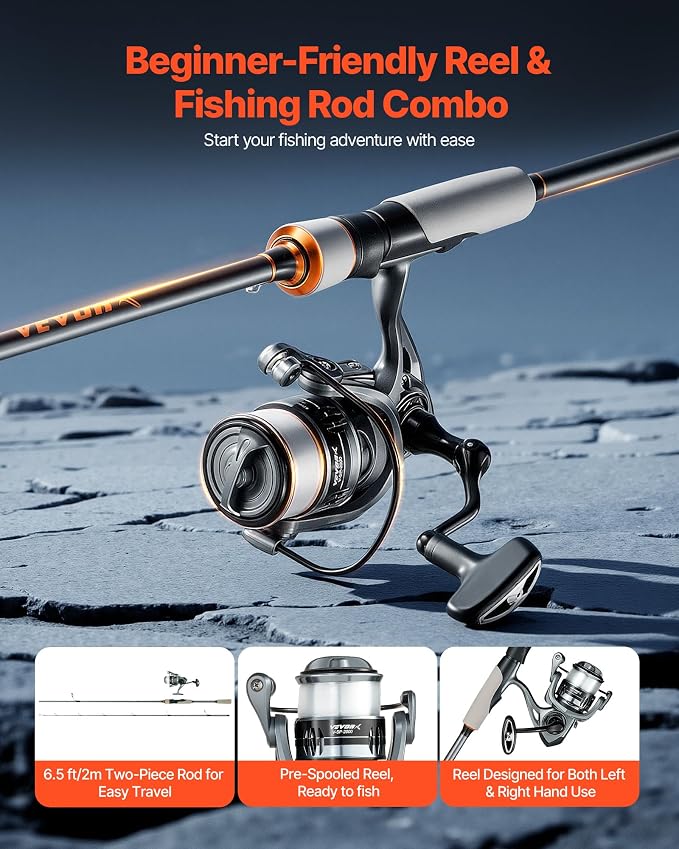 VEVOR Rod and Fishing Reel Combo, IM6 Fiberglass & Carbon Fiber Spinning Rod and Reel Combo, Bass Fishing Pole with 6.5 ft Two-Piece Rods, 6+1 Ball Bearings, Stainless Steel Guides with Ceramic Rings