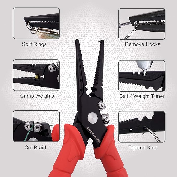 Fishing Pliers, Stainless Steel Fishing Tools, Saltwater Resistant Fishing Gear, Tungsten Carbide Cutters, Split Ring Pliers, Hook Remover with Coiled Lanyard and Sheath
