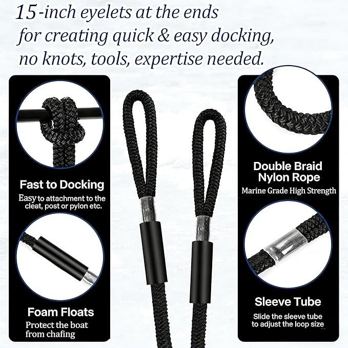 Boat Dock Lines, 5/8" x 10ft Double Braided Nylon Docking Line with Loop, Marine Grade Boats Mooring Rope, Boating Accessories