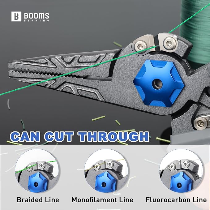 Booms Fishing Pliers Hook Remover: 8.1" Angled Carbon Steel Fish Pliers for Saltwater - Fishing Line Cutter with Lanyard - Braided Cutters & Crimper with Safety Lock, Multi-Function Gear for Men, F09
