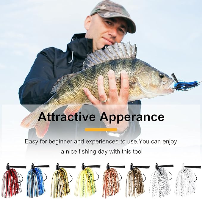 Sumind 8 Pcs Bass Fishing Jigs Bass Weedless Football Jig Metal Football Head Kit Swim Silicone Skirts Weed Guard Flipping Lures, Colorful, 10 G/ 3/8 oz