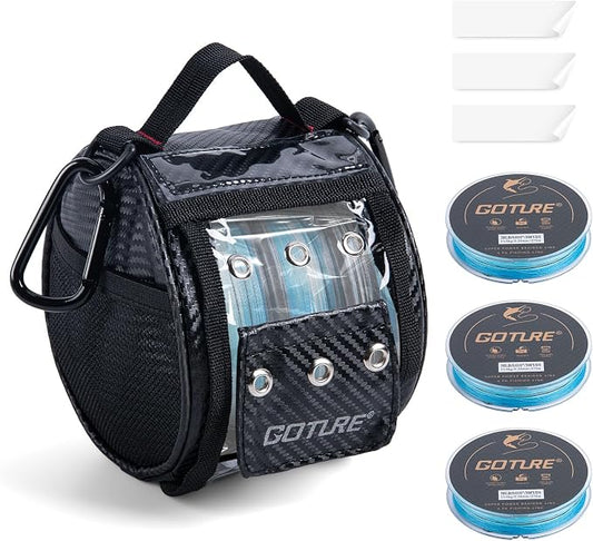 Goture 3/6 Outlet Holes Fishing Line Storage Bag, 2 Sizes Clear View Window Fishing Line Case, Removable Divider Fishing Line Organizer, Water-Resistant Surface, Tangle-Free Leader Line Spool Bag