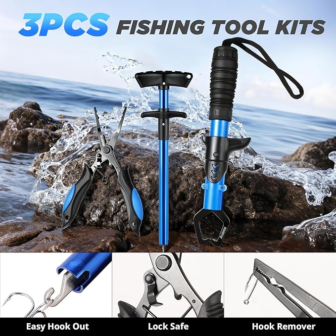 PLUSINNO Fishing Backpack with Fish Rod and Reel Combos Tackle Boxes, Waterproof Tackle Backpack for Fishing Gear with Rod Holder, Fish Gifts for Men with Tool Kit