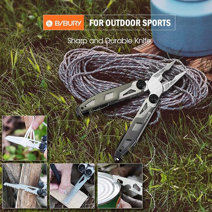 BIBURY Multitool Pliers, 18 in 1 Multi Tool with Titanium-Plated Handle & Safety Hammer, Safety Locking Design Stainless Steel Tool Pocket Knife for Outdoor, Survival, Camping, Hiking, Home Repair