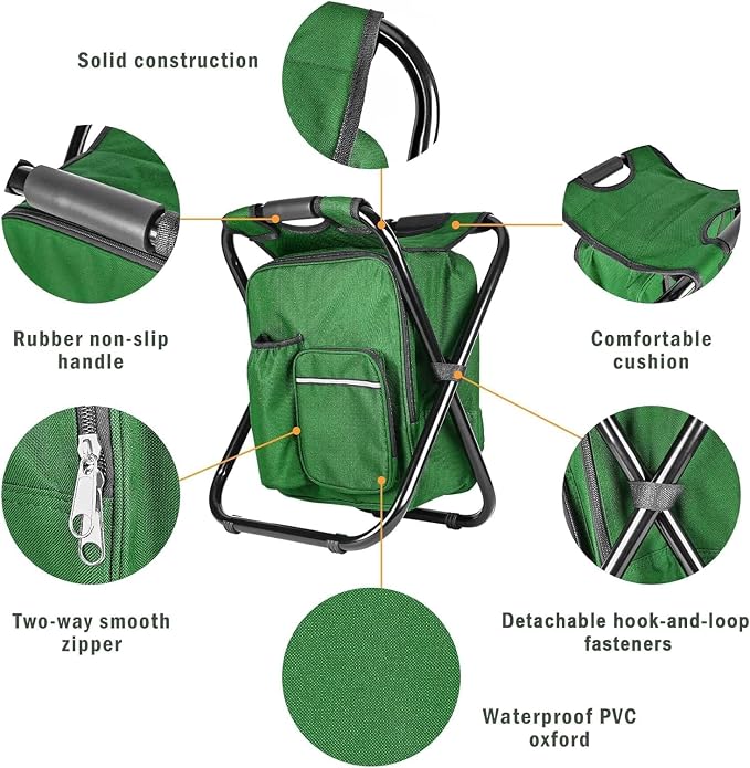 Kikerike Portable Stool Backpack Cooler Chair 300 LBS Max Load Folding Fishing Cooler Backpack Stool for Outdoors Hiking Beach Travel - Army Green