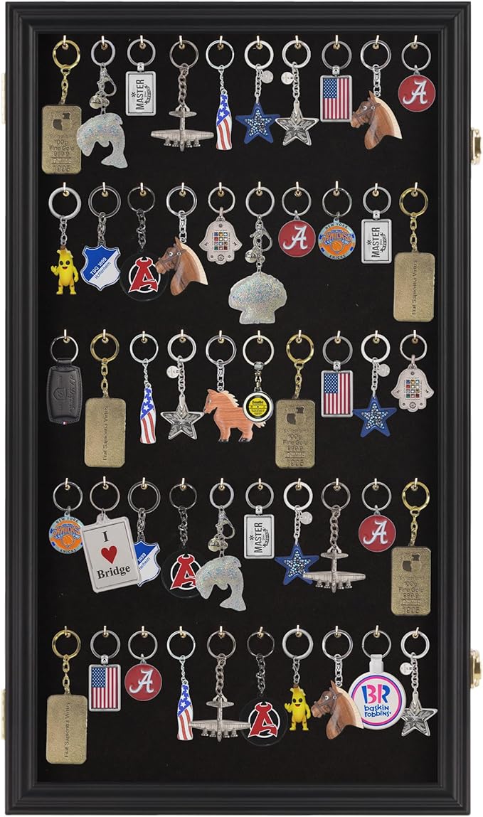 Fishing Lures, Keychain Display Case Pocket Watch Collection Display Case - Keyring Golf Bag Tag Luggage Tag Collection Showcase Shadow Box (Black Finish)