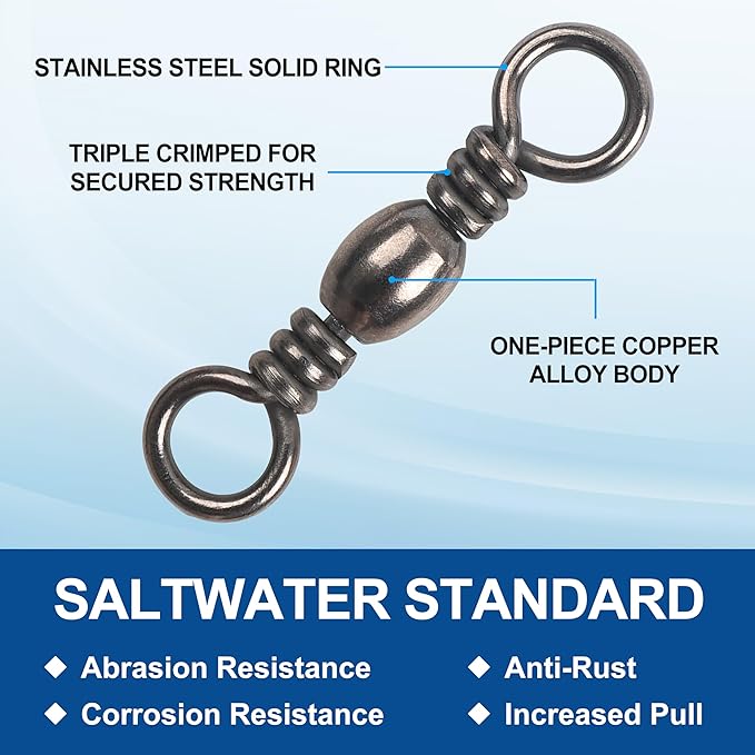 Fishing Barrel Swivels - 50/100 pcs Rolling Ball Bearing Fishing Swivel with Solid Ring Fishing Tackle Hook Line Connector Copper with Stainless Steel Black Nickle Coated Test Strength 35-165lbs