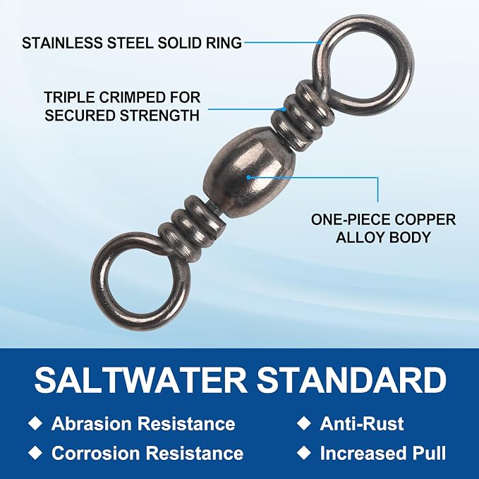Fishing Barrel Swivels - 50/100 pcs Rolling Ball Bearing Fishing Swivel with Solid Ring Fishing Tackle Hook Line Connector Copper with Stainless Steel Black Nickle Coated Test Strength 35-165lbs