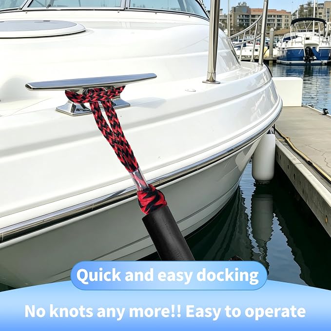3FT Boat Dock Line Shock Absorbing Mooring Bungee Dock Lines for Boats Accessories Ideal for SeaDoo, Kayak, Pontoon, Power Boat 2PCS(Red&Black, 3FT-Single Clips)