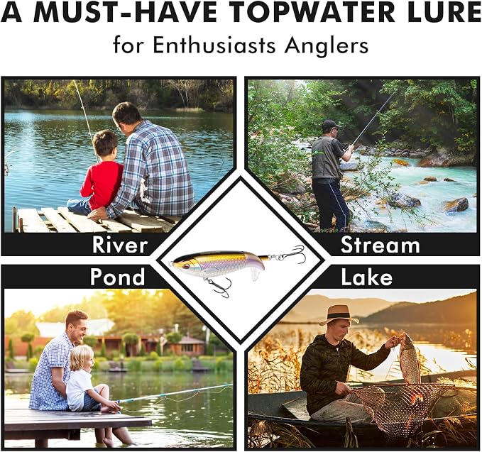 TRUSCEND Popobait Easy Catch Fishing Lures with BKK Hooks, Instant Startup, Longer Cast, Balanced Spray/Sound/Swim, Plopper Topwater Lures for Bass, Trout, Pike, Walleye, Freshwater Saltwater Fishing