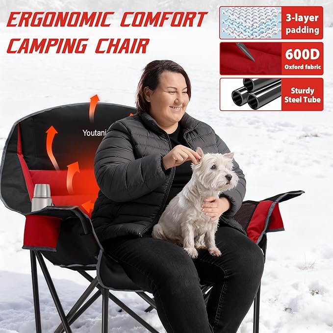Youtanic Oversized Extra Large Heated Padded Camping Chair up to 500lbs, 3 Heat Levels Camp Chair with Carry Bag, Outdoor Heating Folding Chairs for Adults, Fishing, Sports, Picnic, Red-Black