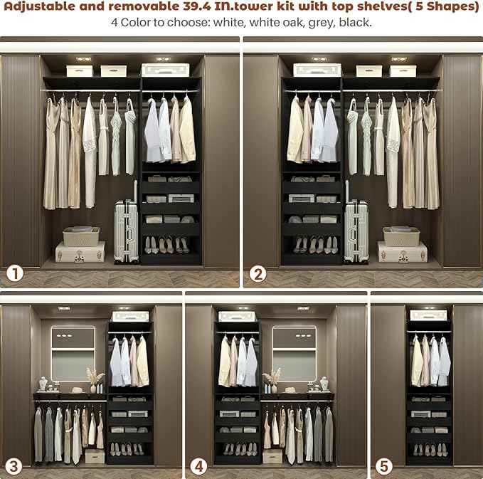 60" Wide x 80" Tall Closet System with 3 Half-Open Wooden Drawers, 5FT Closet Organizer System with 2 Hanging Rods & Removable Tower, Freestanding Wardrobe Organizer for Walk-in Bedroom, Black