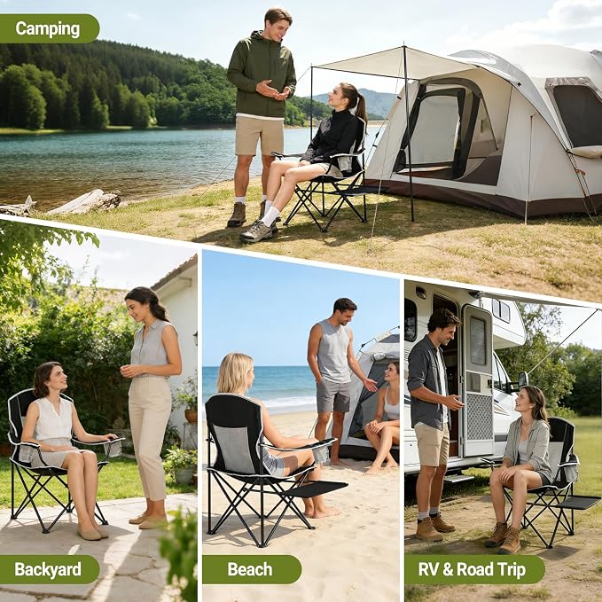 XGEAR Camping Chairs 350LBS Capacity, Heavy Duty Folding Chair with Side Table, Portable Outdoor Chair with Cup Holder for Adults, Collapsible for Tailgating, Beach, Fishing, Backyard (Black, 2-Pack)