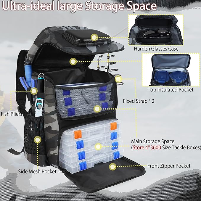 Fishing Backpack with Rod Holder X-Large 60L Tackle Gears Bag with Cooler for Storage Tackle Box and Fishing Accessories Stuff, Fish Gifts for Men Woman-Gray Camo