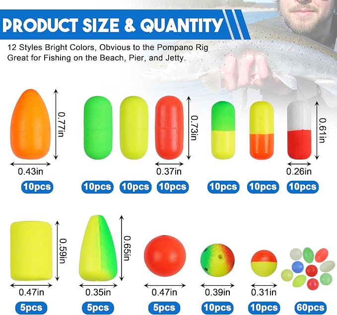 165pcs Pompano Rig Kit, Foam Snell Floats and Beads Surf Fishing Live Bait Walleye Rig Making Accessories or Trout Catfish Walleye