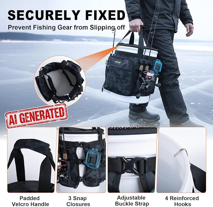 Goture Fishing Bucket Organizer for 5 Gallon Bucket, Heavy-Duty Waterproof Tackle Bag with 15+ Pockets, Ice Auger Holster & Secure Lock Straps for Ice Fishing Gear (Black, No Bucket)