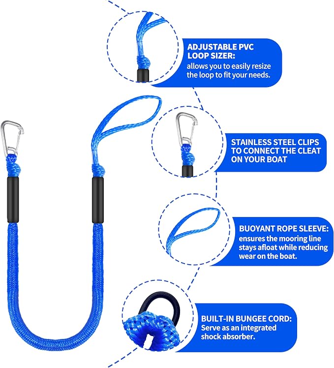 Boat Bungee Dock Lines – Adjustable Boat Tie Downs for Pontoon, Jet Ski, PWC, Kayak | Single Hook Small Cruiser Mooring Lines (2, Blue, 4 Feet)