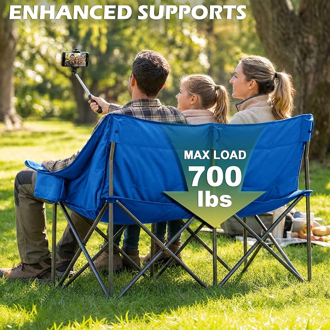 Youtanic 60" Extra Double Camping Chair, 700lbs Heavy Duty Padded Loveseat for Adults, Oversized 2 Person Folding Camp Couch with Dual Cup Holders, Portable Plaid Lawn Chair for Outside, Sports, Blue