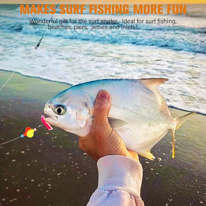 Dovesun 10PCS/4PCS Pompano Rigs for Surf Fishing Saltwater Fishing Rigs with Floats and Beads Unique Double-Line T-Knot Pre-Rigged Surf Fishing Gear & Tackle with Circle Hooks