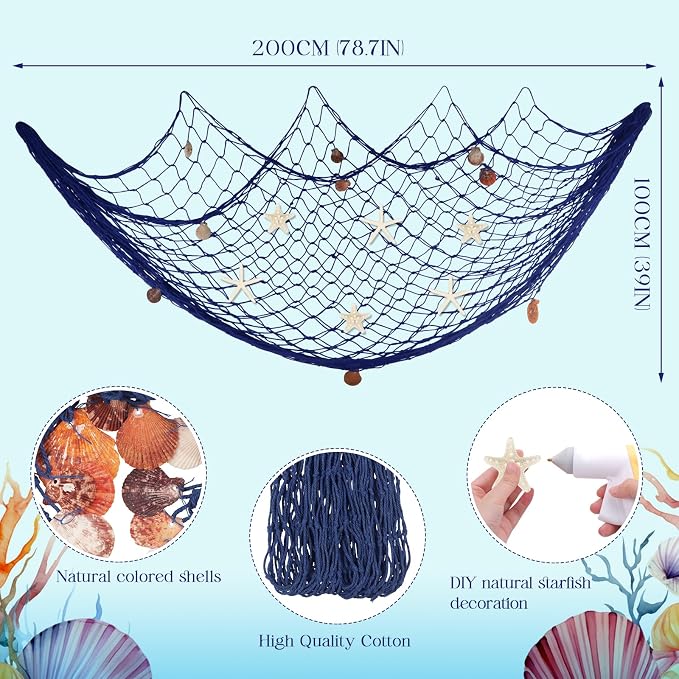 Fangoo 79x39 Inch Nautical Fishing Net Wall Decorations for Under the Sea Party with Shells and Starfish Crafts Bathroom Ceiling Table Decor for Beach Ocean Pirate Wedding Themed Party (blue)