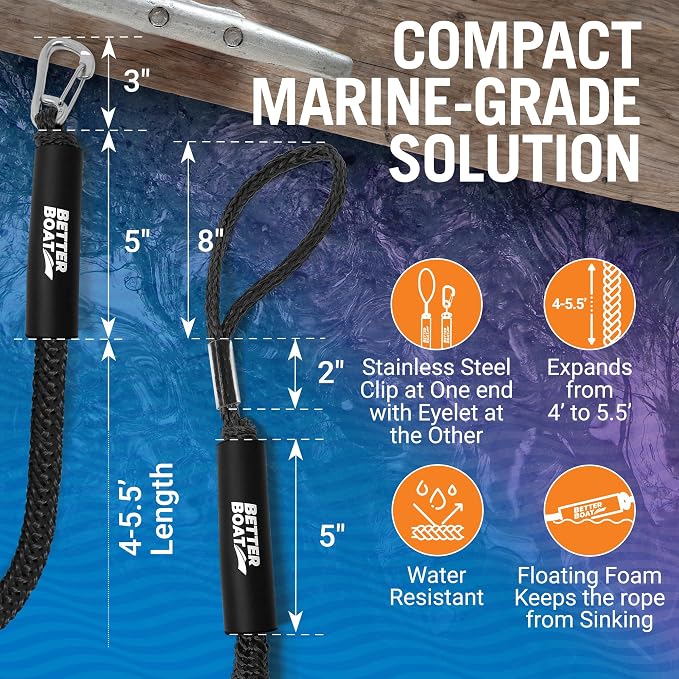 2-Pack Black Bungee Dock Lines with Clip, Marine Grade Boat Rope, Jet Ski or PWC Mooring Ties, Boating Accessories for Boats