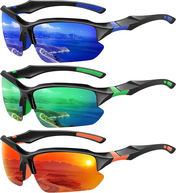 XVXV 3 Pack Polarized Sports Sunglasses for Men, UV Protection Half Frame Sunglasses Comfortable for Running Cycling Driving