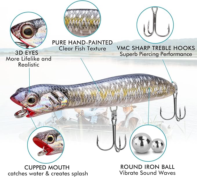 TRUSCEND Popobait Easy Catch Fishing Lures with BKK Hooks, Instant Startup, Longer Cast, Balanced Spray/Sound/Swim, Plopper Topwater Lures for Bass, Trout, Pike, Walleye, Freshwater Saltwater Fishing