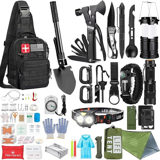 Survival Kit, 294 Pcs Survival Gear First Aid Kit with Molle System Compatible Bag and Emergency Tent, Emergency Kit for Earthquake, Outdoor Adventure, Hiking, Hunting, Gifts for Men Women