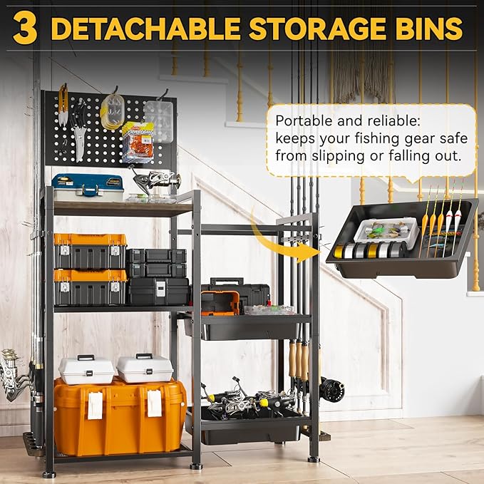 SOYEEZE Fishing Rod Holders for Garage, 3 Storage Boxes for Reels & Fishing Accessories, 10 Rod Capacity Fishing Pole Holder with Pegboard, and 3-Tier Shelf for Tackle Box, Fishing Gear Organizer
