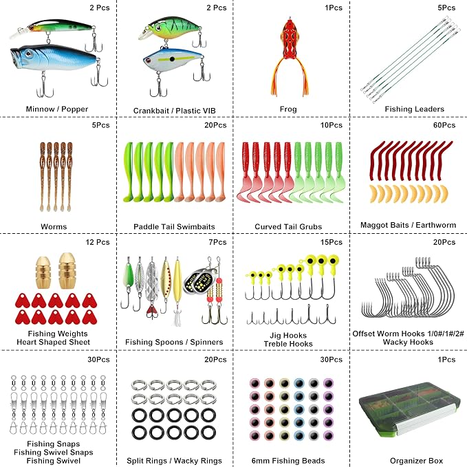 TRUSCEND Complete Fishing Lures - Tackle Box with Tackle Included - Crankbaits, Minnows, Frogs, Vibes, Poppers, Spinners, Spoons, Soft Baits, Hooks & Weights Accessories Kit for Bass Panfish Trout