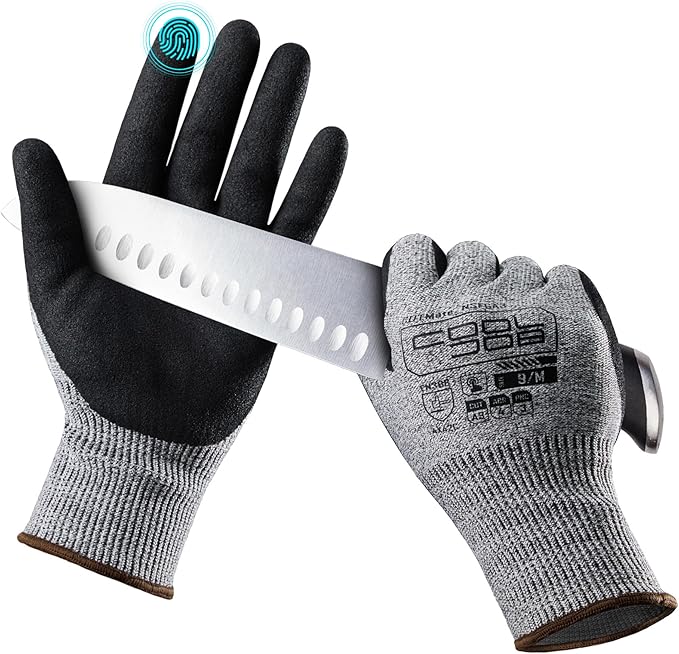 COOLJOB A3 Cut Resistant Safety Work Gloves with Nitrile Grip, Touchscreen & Flexible for Gardening Fishing Construction
