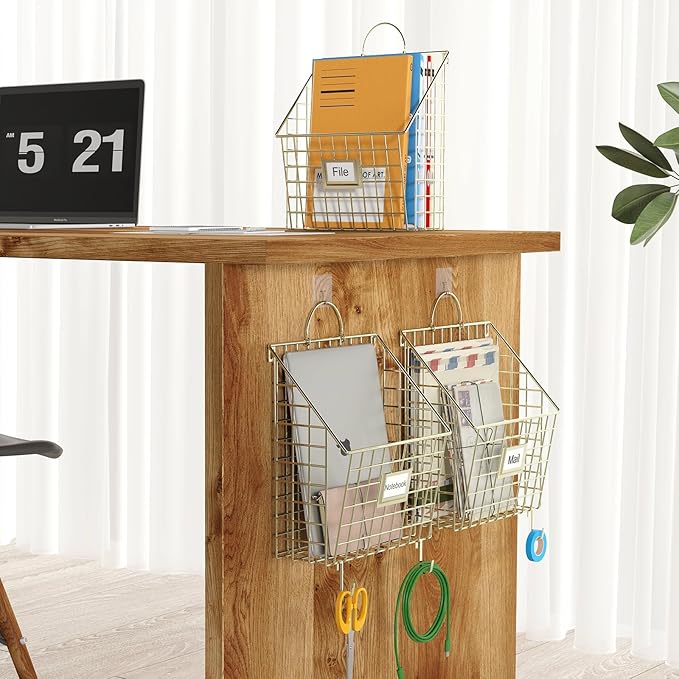 Wall File Organizer Mesh Hanging Wall Files Holder,Magazine Rack and Mail Basket with Hooks, Office Wall Organizer for Papers Folders Files Clipboard 4 Packs, Gold(Patent Pending)