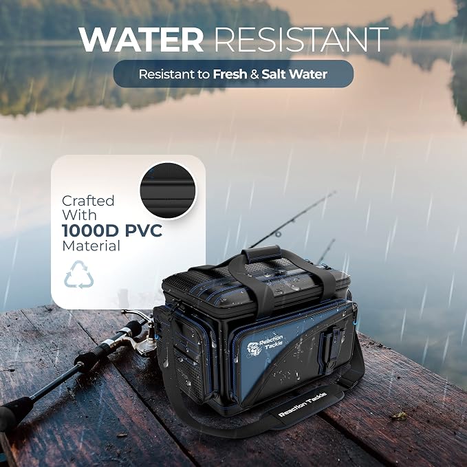 Reaction Tackle Fishing Tackle Bag – Salt Water Resistant Fishing Bag, 1000D PVC Waterproof Material, Tackle Box Organizer with Dividers for 3600 or 3700 Trays