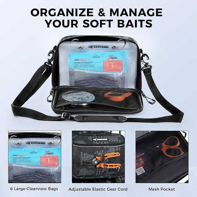 KastKing BaitSpace Detachable Bait Binder Tackle Bag – Large Clear Sleeves, Durable 900D Water-resistant Fabric, Soft Plastic Bait Storage For Hooks, Sinkers & Fishing Accessories