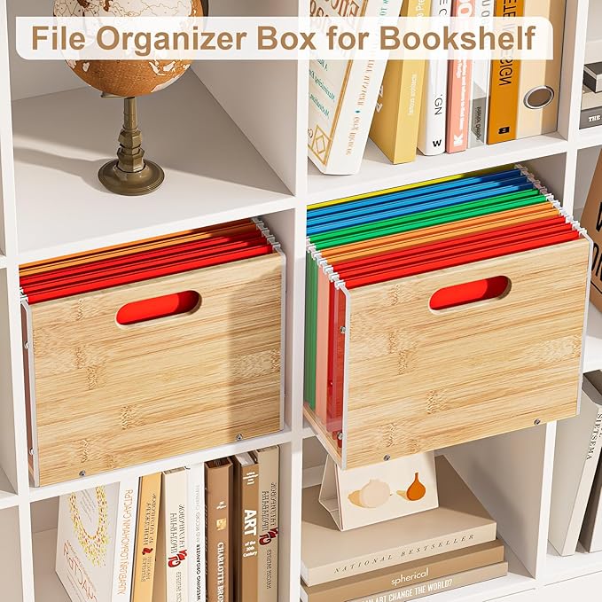 Clear Acrylic File Box Organizer, Bamboo Hanging Folder Storage Boxes, Filing Crate Bin Holder with Handle for Home Office Desk, Letter Size