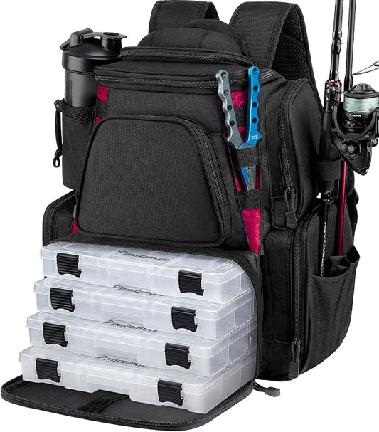 Piscifun Fishing Backpack with 2 Rod Holders & 4 Tackle Boxes, Large Tackle Storage Bag With Rain Cover for Fishing Gear