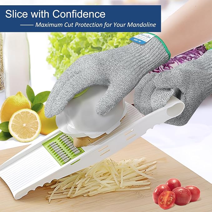 Dowellife Cut Resistant Gloves A9 Maximum Protection - Food Grade Kitchen & Chef Gloves for Food Prep, Knife Cutting, Mandoline Slicing, Butcher, Oyster Shucking, Fish Handling (Large, 2 Pairs)