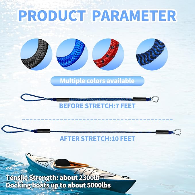 Bungee Dock Line with Stainless Steel Clip Boat Rope Mooring String with Foam Float for Docking,Kayak,Watercraft,SeaDoo,Pontoon,Canoe,Power Boat Accessory,7-10ft（Blue&Black,with One Hook）