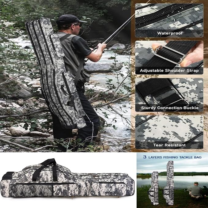 3 Layers Fishing Pole Bag,Portable 3 Layers Oxford Folding Rod Carry Case,Fishing Reel Tackle Storage Bag Case
